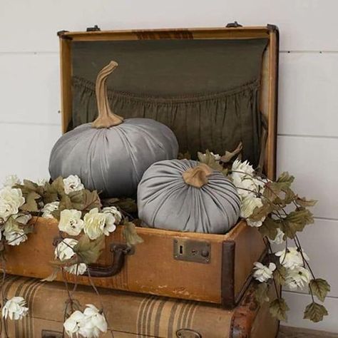 Modern Fall Living Room Decor, Vintage Fall Living Room, Harvest Home Decor, Earthy Fall Decor, Fall Store Display Ideas, Fall Antique Booth Displays, Fall Cottage Decor, Fall Store Displays, Vintage Suitcase Decor