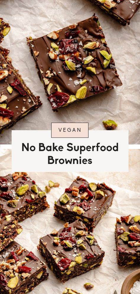 The best no bake brownies packed with healthy fats, fiber, and protein from four types of nuts, dried fruit and chia seeds. These superfood brownie energy bars are vegan, gluten free, naturally sweetened, and taste just like a fudgy brownie! The perfect nutritious treat or snack. #healthydessert #brownies #nobakedessert #vegandessert #glutenfreedessert No Bake Superfood Bars, Raw Brownie Bites, Fruit Based Recipes, Raw Healthy Recipes, Raw Healthy Snacks, Raw Bars Recipe, Raw Snacks Healthy, Raw Vegan Sweets, Healthy Desserts Vegan