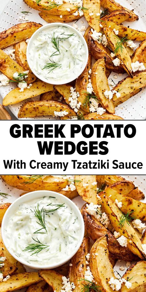 Greek fries with tzatziki sauce. Taziki's Potatoes, Side For Gyros, Gyro Sides Dish, Greek Snacks Appetizers, What To Serve With Gyros, Greek Food Buffet Ideas, Easy Greek Potatoes Recipe, Sides For Gyros, Gyro Sides