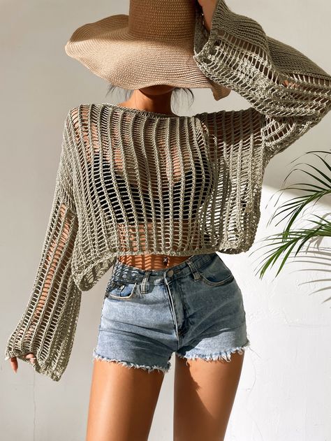 SHEIN ICON Open Knit Bell Sleeve Sheer Sweater Without Bra | SHEIN USA Mesh Top Outfit, Knit Bell Sleeve, Crop Pullover, Sheer Sweater, Without Bra, Mode Crochet, Mesh Tops, Crochet Cover Up, Sweater Layering