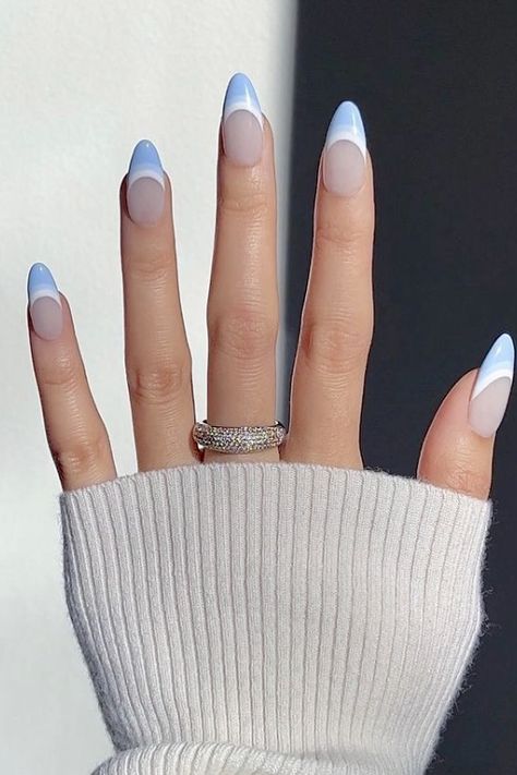 Light Blue Nail Designs, Baby Shower Nails, Sky Blue Nails, Blue Ombre Nails, Blue And White Nails, Blue French Tips, Pastel Nails Designs, Light Blue Nails, Baby Blue Nails