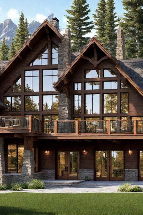 A large wooden cabin with tall windows, nestled in a forest with mountains in the background. Big House Design Exterior, Mountain Houses Architecture, House On A Slope Architecture, Lodge Style Homes Exterior, Rustic Mountain Home Exterior, Mountain Modern Exterior, Mountain Home Landscaping, Cabin Home Exterior, Slope Villa