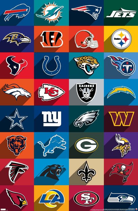 PRICES MAY VARY. This Trends NFL League - Logos 24 Wall Poster uses high-resolution artwork and is printed on PhotoArt Gloss Poster Paper which enhances colors with a high-quality look and feel High-quality art print is ready-to-frame or can be hung on the wall using poster mounts, clips, pushpins, or thumb tacks Made in the USA and Officially Licensed Easily decorate any space to create the perfect decor for a party, bedroom, bathroom, kids room, living room, office, dorm, and more Perfect size Logos, Nfl Party Decorations, Nfl Poster, Nfl Party, Nfl Football Logos, Football Clipart, Party Bedroom, Nfl Football Art, Kitchen Artwork