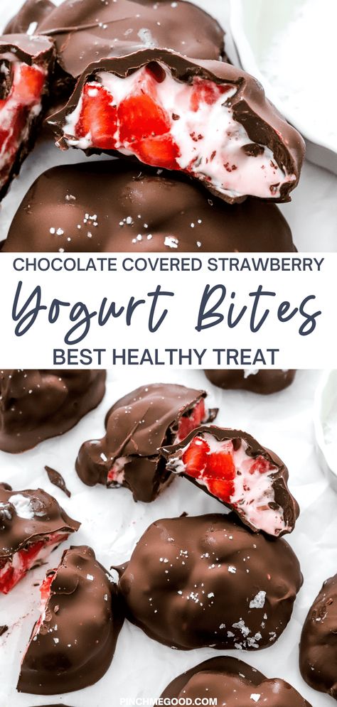 Indulge in these heavenly Chocolate Covered Strawberry Yogurt Bites! Made with fresh strawberries, creamy strawberry Greek yogurt, and dipped in rich chocolate, they're a guilt-free treat perfect for satisfying your sweet cravings. The perfect healthy summer treat! Chocolate Covered Strawberry Yogurt, Strawberry Yogurt Bites, Strawberry Greek Yogurt, Healthy Summer Treats, Strawberry Frozen Yogurt, Spicy Appetizers, Yogurt Bites, Covered Strawberry, Chocolate Covered Strawberry