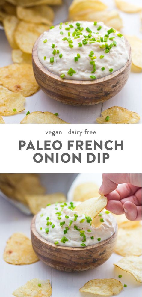 This paleo French onion dip is easy, delicious, and perfect with potato chips for a paleo appetizer. This Paleo French onion dip is absolutely bound to become one of your favorite paleo dips and it's just in time for summer! #paleo #dip #appetizers #snacks #dairyfree #vegan Paleo Dip, Paleo Dips, Paleo Appetizer, Dip Appetizers, Dip Vegan, Paleo Appetizers, French Onion Dip, Cheesecake Dip, Ranch Dip