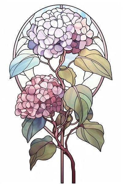 Glass Hydrangea art hydrangea stained | Premium Photo Illustration - rawpixel Art Nouveau Hydrangea, Hydrangea Stained Glass Pattern, Stained Glass Hydrangea, Art Nouveau Stained Glass Patterns, Flower Stained Glass Patterns, Aesthetic Brain, Hydrangea Drawing, Hydrangea Photography, Hydrangea Illustration