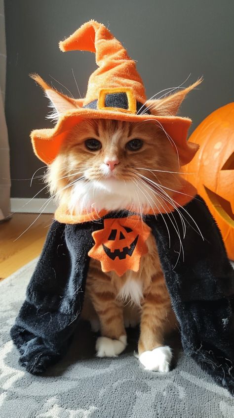 Cat Halloween Costume For Cats, Orange Cat Halloween Costume, Vintage Cat Costume, Cat Outfits Halloween, Cats In Outfits, Fall Cat Aesthetic, Orange Cat Costume, Cat Costumes For Cats, Cat In Halloween Costume