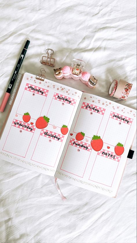 Strawberry Theme Journal, Bujo Strawberry Theme, Strawberry Bullet Journal, Bullet Journal Packing List, Notebook Profile, Strawberry Stickers, Journal Sample, Pink Calligraphy, February Bullet Journal