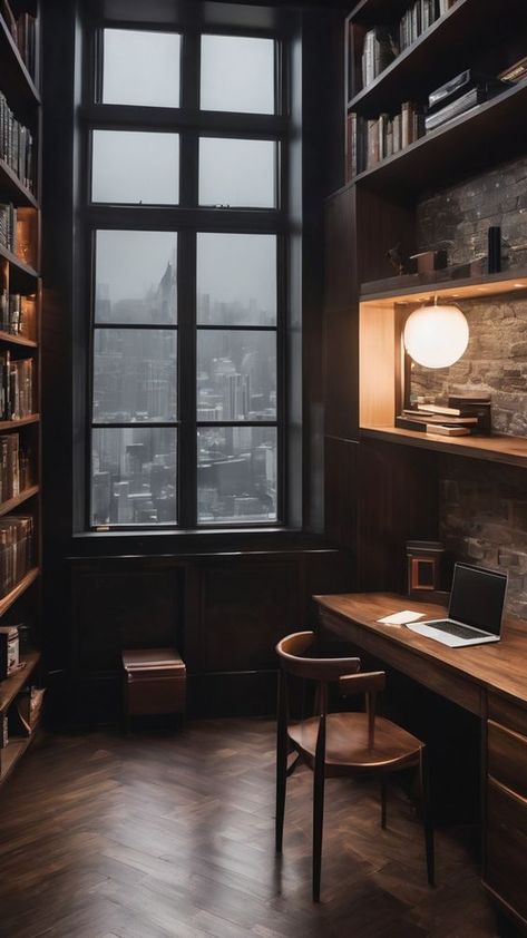 A beautiful office space to spend a rainy and productive day. #office #workfromhome #homeworldhawaii #aesthetic Small Home Office Dark Academia, Brown Desk Setup, Moody Study Room, Heart Templates Free Printables, Dark Office Aesthetic, Small Moody Office, Dark Academia Desk, Modern Academia, Room Aesthetic Dark