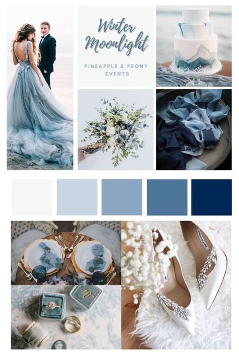 Winter Wedding Mood Board Examples, Wedding Challenge, Wedding Color Schemes Winter, Winter Wedding Color Palette, Blue Winter Wedding, January Wedding, Winter Wedding Colors, Wedding Themes Winter, Blue Themed Wedding