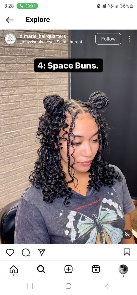 Space Buns Half Up Half Down Braids, Space Bun Box Braids, Half Moon Hairstyle Braids, Box Braid Space Buns, Box Braids Space Buns, Braided Space Buns Black Women, Space Buns Braids, Braids Space Buns, Space Buns With Braids