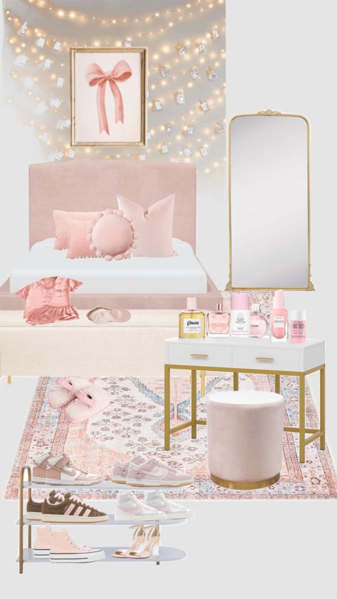 Bush pink gold room Pink Gold Room, Room Shuffles, Ocean Room Decor, Room Wishlist, Purple Room Decor, Gold Room, Pink Dorm, Pink Girl Room, Gold Rooms