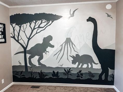 Boys Dinosaur Room, Dinosaur Bedroom Wall, Black And White Mural, Mural Hand Painted, Dinosaur Mural, Boys Dinosaur Bedroom, Hand Painted Mural, Dinosaur Boys Room, Boys Room Mural