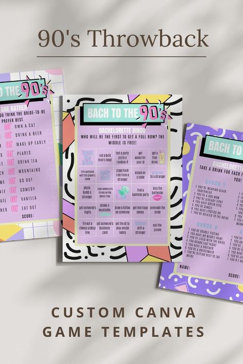 Purple And Green Color Palette, 90s Bachelorette, Bachelorette Scavenger Hunt, Games Template, 90s Games, Bachelorette Drink, Throwback Party, Bach Bash, Green Color Palette