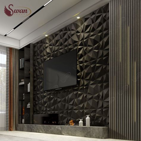 Wallpanel 3d Living Room, Black Wall Panel, Pvc Wall Panels Designs, Wall Cladding Designs, Kitchen Ceiling Design, Box Installation, Black Feature Wall, Kitchen Tv, Cladding Design