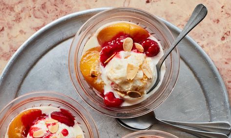 Ravneet Gill’s recipe for peach melba ice-cream Peach Melba Recipe, Ravneet Gill, Peach Melba, Peach Puree, Raspberry Sauce, Master Chef, Summer Dessert, Ice Cream Cake, Family Friendly Meals