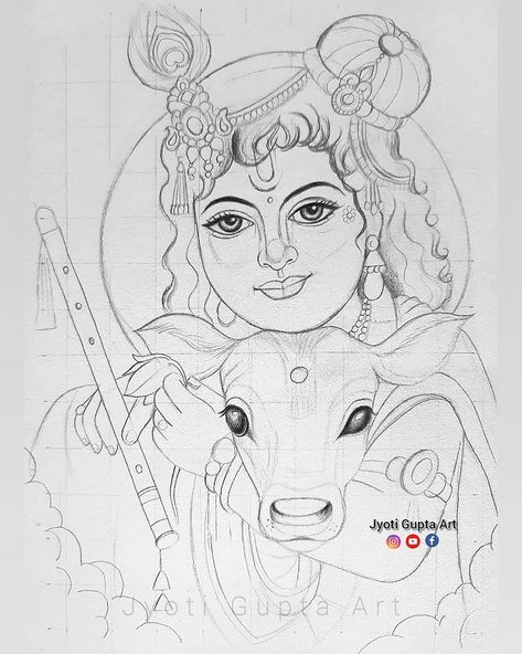 Cute Kanha with Little Cow ❣️🙏 Art By @jyotiguptaart Join Workshop to learn Krishna Drawing step by step 😊 Dm for joining now -… | Instagram Krishna Ji With Cow, Free Hand Design Drawing, Cow Pencil Drawings, Krishna With Cow Paintings, Krishna Ji Drawing Easy, Kanha Ji Drawing, Lord Krishna Drawing Pencil, Krishna Outline, Cute Kanha