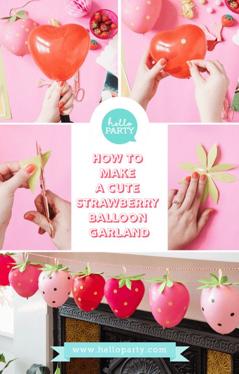 How to make a super cute strawberry balloon garland #hotel #room #birthday #decoration #hotelroombirthdaydecoration Wimbledon's over for another year, but we're still in the summer party spirit. So in today's blog post, I'm showing you how to make this sweet strawberry garland using heart-shaped balloons! Watch the video and check out the more detailed instructions underneath. Enjoy! Strawberry Cheesecake Shooters, Strawberry Garland, Cheesecake Shooters, Hello Party, Strawberry Shortcake Birthday, 1st Birthday Party For Girls, Strawberry Shortcake Party, Strawberry Party, First Birthday Party Themes