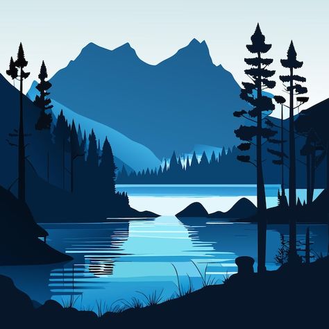 Lake mountain vector illustration | Premium Vector #Freepik #vector #river #environment #landscape #illustration Lake Illustration Simple, Mountain Lake Illustration, Graphic Landscape Illustration, Illustration Art Landscape, Posca Inspiration, Lake Landscape Design, Illustrated Landscape, Illustrator Landscape, Mountain Vector Illustration