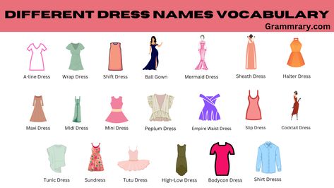 Different Dress Names Vocabulary in English with images Dress Names Style Types Of, Different Types Of Dresses Names, Types Of Dresses Styles, Dress Styles Chart, Dress Style Names, Dress Types, Vocabulary In English, Different Types Of Dresses, Dress Name