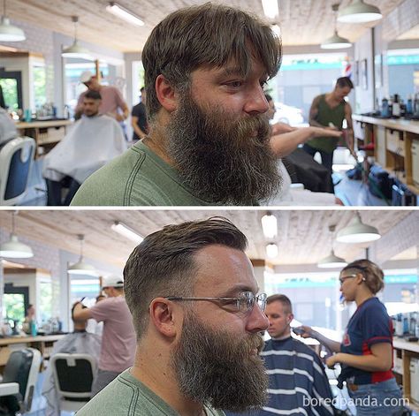 Before And After Haircut And Beard Trim Beard Before And After, Beard Styling, Before And After Haircut, Beard Haircut, Place Making, Great Haircuts, Beard Hairstyle, Long To Short Hair, Cute Haircuts