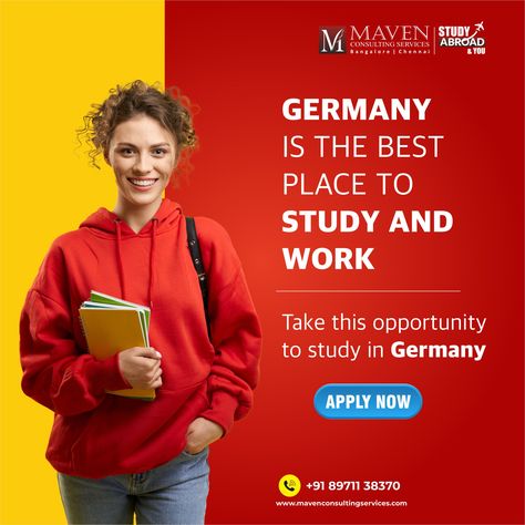 Take this opportunity to study in Germany. Get in touch with us for expert counselling at +91 89711 38370 or visit www.mavenconsultingservices.com For more Information regarding Study Abroad. Study Abroad Logo Design Ideas, Study In Germany Creative Ads, Student Photoshoot, Career Poster, Study In Germany, Hiring Poster, Ads Creative Advertising Ideas, Mega Star, Marketing Flyers