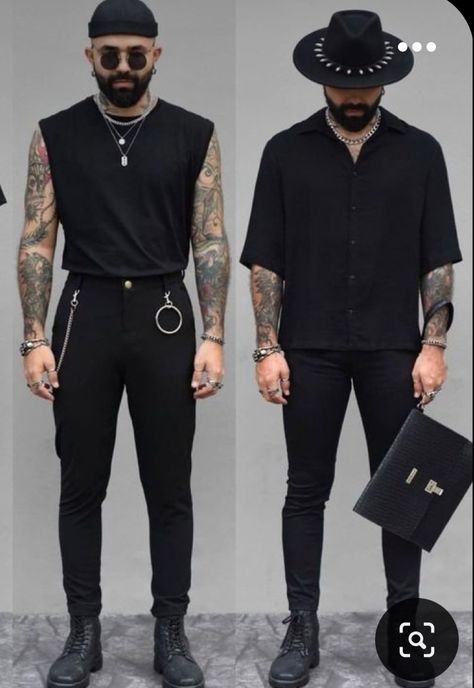 Black Rockstar Outfit Men, Male Corporate Goth, Black Rockstar Outfit, Black Goth Men, Formal Goth Outfits Men, Rock And Roll Outfits Men, Black Metal Outfit Men, Corp Goth Men, Inverted Triangle Outfits Men