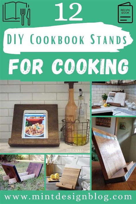 DIY Cookbook Stands For Cooking Kitchen Recipe Book Display, Diy Recipe Holder, Recipe Book Holder Diy, Cookbook Holder Diy, Kitchen Cookbook Display, Book Holder Diy, Displaying Cookbooks, Diy Cookbook Stand, Diy Wedding Hacks