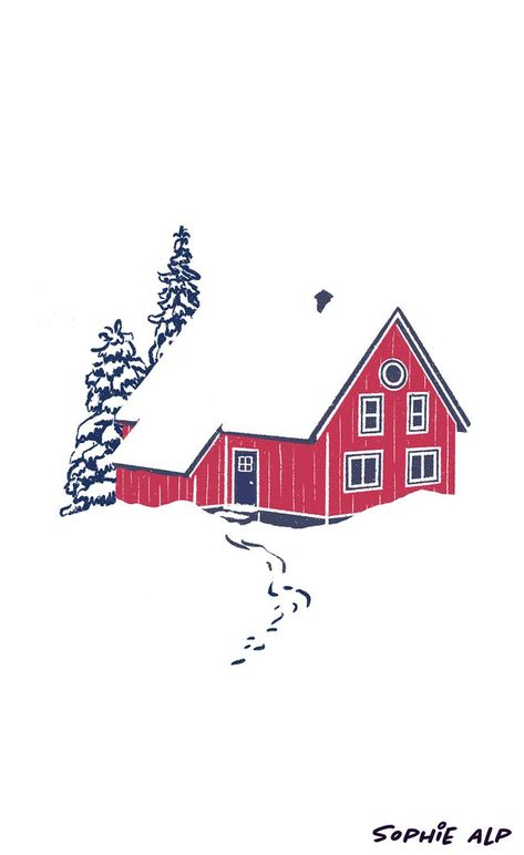 snowy cottage in the woods Winter House Illustration, Graphics Aesthetic, Cottage Drawing, Winter Graphics, Cabin In The Snow, Red Cabin, Cottage Illustration, Scandinavian House, Snow Illustration