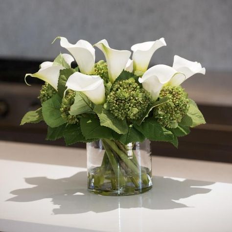 Calla Lily Centerpieces, Lily Centerpieces, White Calla Lily, Faux Stems, Calla Lily Wedding, Lily Wedding, Green Hydrangea, Flower Vase Arrangements, Flower Arrangements Simple