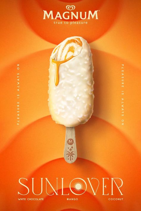 Experience the tropical sensation of mango, coconut and cracking white chocolate with Magnum Double Sunlover ice cream stick and tub, a refreshing treat for the day. Or, indulge in decadent caramel, popcorn flavour ice cream and cracking milk chocolate with Magnum Double Starchaser ice cream stick and tub, the perfect night-time treat. Available now at all UK retailers. Ice Cream Poster Advertising, Ice Cream Ads, Chocolate Ads, Ice Cream Advertising, Magnum Ice Cream, Menu Design Inspiration, Ice Cream Poster, Ice Cream Packaging, Ice Cream Tubs