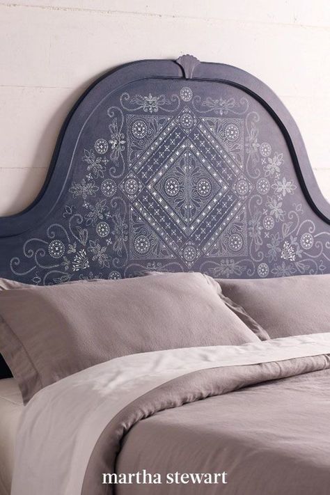 Lay your head to rest beneath a headboard that you personalized yourself. The stencil's intricate design will have everyone thinking you custom-ordered this beautiful piece. Follow our tutorial for this DIY Batik pattern headboard. #marthastewart #bedroomdecorideas #bedroomdecor #inspiration #details #hometours Headboard Painting, Pattern Headboard, Wallpaper Headboard, Diy Headboard Ideas, Faux Headboard, Painted Headboard, Diy Paint Projects, Using A Paint Sprayer, Headboard Ideas