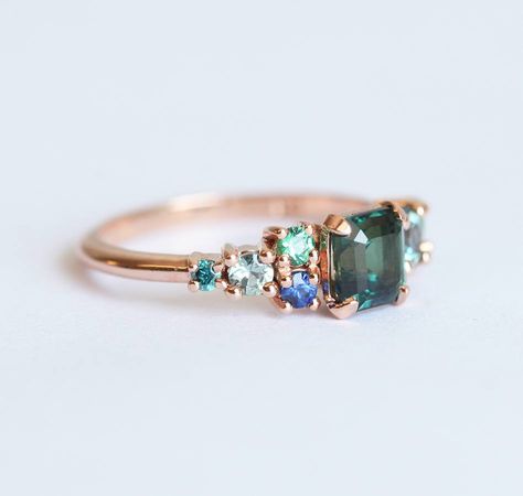 Emerald Cut Sapphire Cluster Ring, Green Sapphire Cluster Ring – Capucinne Light Blue Sapphire, Marquise Cut Engagement Ring, Green Sapphire Ring, Ring Cluster, Unique Diamond Engagement Rings, Engagement Rings Marquise, Cluster Engagement Ring, Moissanite Wedding Rings, Rose Gold Engagement