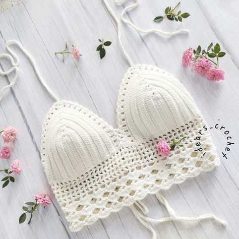 Tops Tejidos A Crochet, Crochet Crop Top Pattern Free, Crochet Swimsuits Pattern, Knitted Bra, Diy Finger Knitting, Diy Crochet Top, شال كروشيه, Crochet Needlework, Crochet Crop Top Pattern