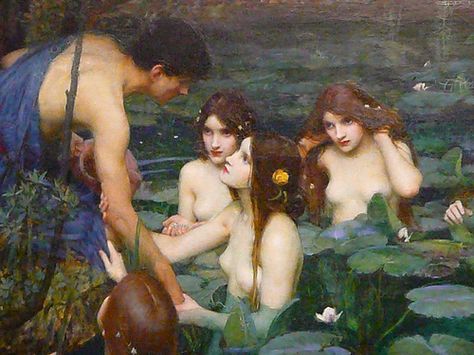 Groninger Museum - John Waterhouse: Hylas and the Maidens Renesans Art, Hylas And The Nymphs, Waterhouse Paintings, John Waterhouse, Barbizon School, The Lady Of Shalott, Everett Millais, Pre Raphaelite Brotherhood, Pre Raphaelite Art