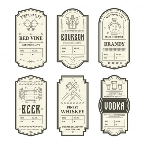 Various vintage alcohol bottle labels | Free Vector #Freepik #freevector #label #arrow #geometric #line Vintage Carnaval, Wine Bottle Label Design, Vintage Wine Label, Vodka Labels, Vintage Alcohol, Liquor Bottle Labels, Candle Labels Design, Label Shapes, Bottle Label Template