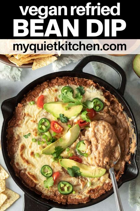 Vegan Refried Bean Dip Vegan Refried Bean Dip, Wfpb Appetizers, Vegan Bean Dip, Wfpb Snacks, Crockpot Refried Beans, Vegan Refried Beans, Mexican Ideas, Vegan Super Bowl, Refried Bean Dip