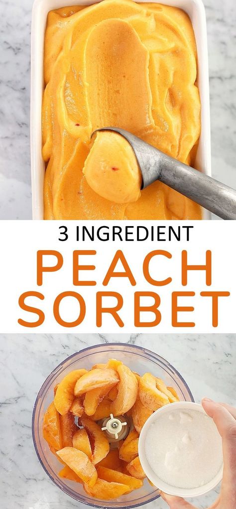 This easy peach sorbet recipe is a simple 3 ingredient peach sorbet that tastes like summer in a bowl, with no need for an ice cream maker or to make a sugar syrup! It's also dairy free! #chefnotrequired #peaches #icecream #sorbet #easyrecipes Peach Sorbet Recipe, Best Frozen Meals, Fest Mad, Sorbet Recipe, Peach Sorbet, Peach Desserts, Sorbet Recipes, Peach Cream, Sugar Syrup