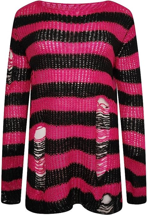 Ro Rox Gothic Knitted Jumper with Distressed Look - Oversized Pullover with Ripped Design, Long Sleeves, Loose Fit, 90s Grunge Style Stripe Pattern, Pink, S-M at Amazon Women’s Clothing store 90s Grunge Style, Jeans And Combat Boots, Ripped Sweater, Pink Grunge, Goth Clothes, Scene Outfits, 90s Fashion Grunge, Scene Fashion, Oversize Knit