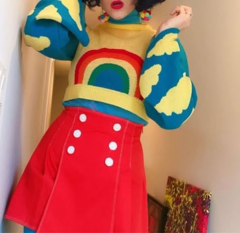 Kidcore Skirt Outfit, Casual Kidcore Outfits, Clown Core Outfit Ideas, Pink Yellow Blue Outfit, Dreamcore Outfit Aesthetic, Cute Clown Outfit Aesthetic, Cute Colorful Clothes, Clown Core Aesthetic Outfits, Primary Outfits