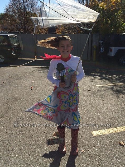 Dress Like The Weather Costume, Weather Girl Costume, Wind Halloween Costume, Wind Blown Costume, Weather Reporter Costume, Weather Woman Costume, Wind Costume Ideas, Costumes With Umbrellas, Meteorologist Costume