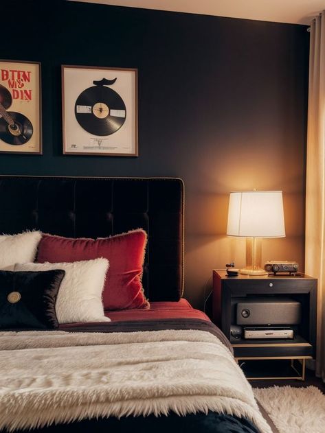 Rockstar Bedroom, Velvet Tufted Headboard, Rockstar Girlfriend Aesthetic, Girlfriend Aesthetic, Rockstar Girlfriend, Rockstar Aesthetic, Vintage Record Player, Master Room, Faux Fur Rug