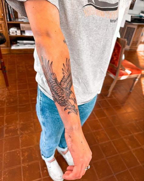 Eagle Tattoo On Forearm, Eagle Tattoo For Women On Arm, Bald Eagle Forearm Tattoo, Women’s Sleeve Tattoo Ideas Western, Eagle Arm Tattoo For Women, Christian Eagle Tattoo, Western Eagle Tattoo, Clean Line Tattoo, Eagle Sleeve Tattoos For Women