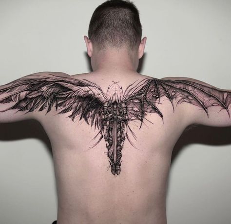 Explore the enchanting world of wings tattoos! Dive into symbolic meanings, diverse styles, and personal stories, all woven into every delicate feather! Back Tattoos For Guys Upper, Wing Tattoos On Back, Wing Tattoo Men, Ram Tattoo, Archangel Tattoo, Back Piece Tattoo, Wing Tattoo Designs, Back Of Neck Tattoo, Wing Tattoo