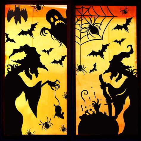 Haunted House Window Silhouette, Halloween Window Silhouettes, Window Silhouette, Bedroom Cartoon, Halloween Window Clings, Halloween Window Decorations, Witch Silhouette, Halloween Decals, Spooky Home Decor