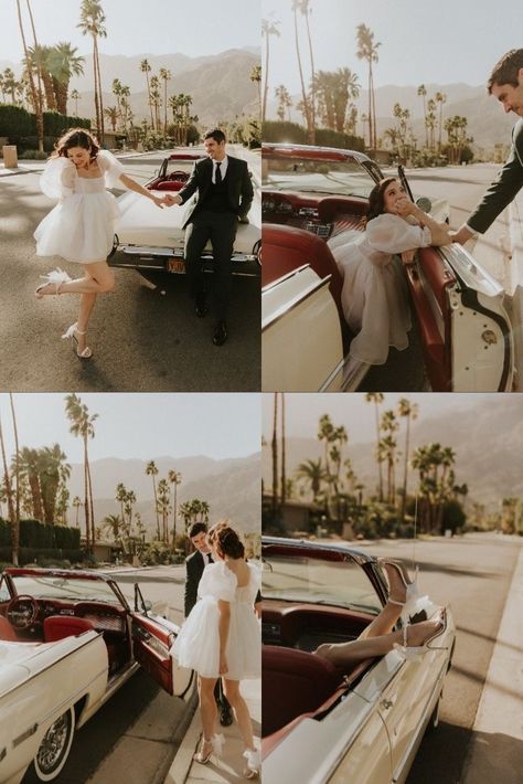 Engagement Pictures With Classic Cars, Car Prenup Ideas, Couple In Vintage Car, Classic Car Elopement, Car Photoshoot Couple Picture Ideas, Vintage Car Bridal Photos, 50s Inspired Engagement Photos, Engagement Photos Palm Springs, Engagement Shoot Car