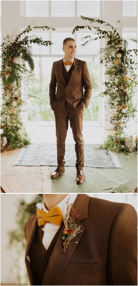 Rust Suit Men Wedding, Brown Suit Bow Tie, Groom Brown Suit Wedding, Hipster Groom Attire, Dark Brown Tuxedo Wedding, Dark Brown Groom Suit, Light Brown Suits For Men Wedding, Brown Tux Wedding, Brown Suit For Groom