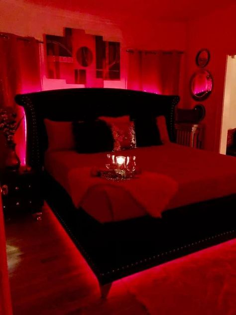 Red And Black Master Bedrooms Decor, Seductive Bedroom Decor, Black White Grey And Red Bedroom Ideas, Red Velvet Bedroom Ideas, Red And Black Themed Bedroom, Red Bedroom Decor Ideas For Women, Red Black And Gold Bedroom Ideas Room Decor, Red Black And Gold Apartment, Black Red Gray Bedroom Room Ideas