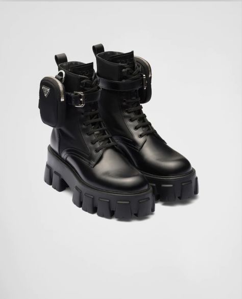 Boots With Pouch, Prada Monolith, Designer Ankle Boots, Fabric Boots, Black Combat Boots, Prada Leather, Triangle Logo, Mens Shoes Boots, Prada Shoes