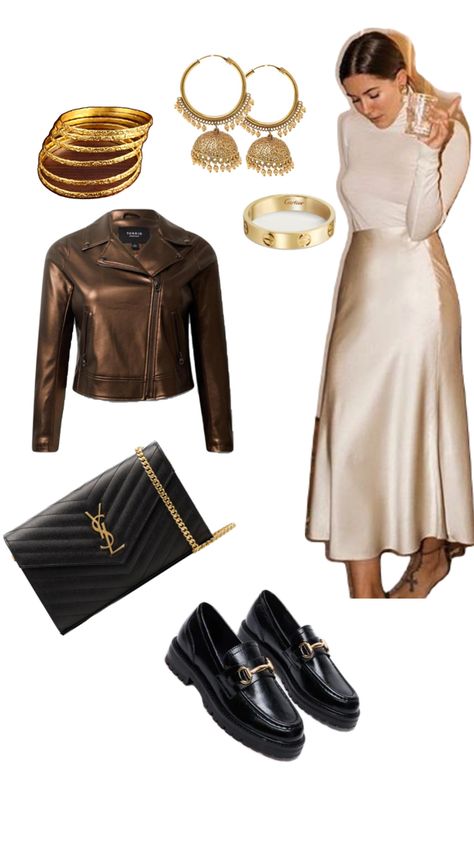 Cream satin slip skirt midi copper bronze metallic moto leather jackets indian gold jewelry bangles bracelets black envelope purse crossbody black gold leather loafers Cream Satin Skirt Outfit, Gold Jewelry Bangles, Cream Satin Skirt, Satin Skirt Outfit, Indian Gold Jewelry, Satin Slip Skirt, Purse Outfit, Black Envelope, Jewelry Bangles